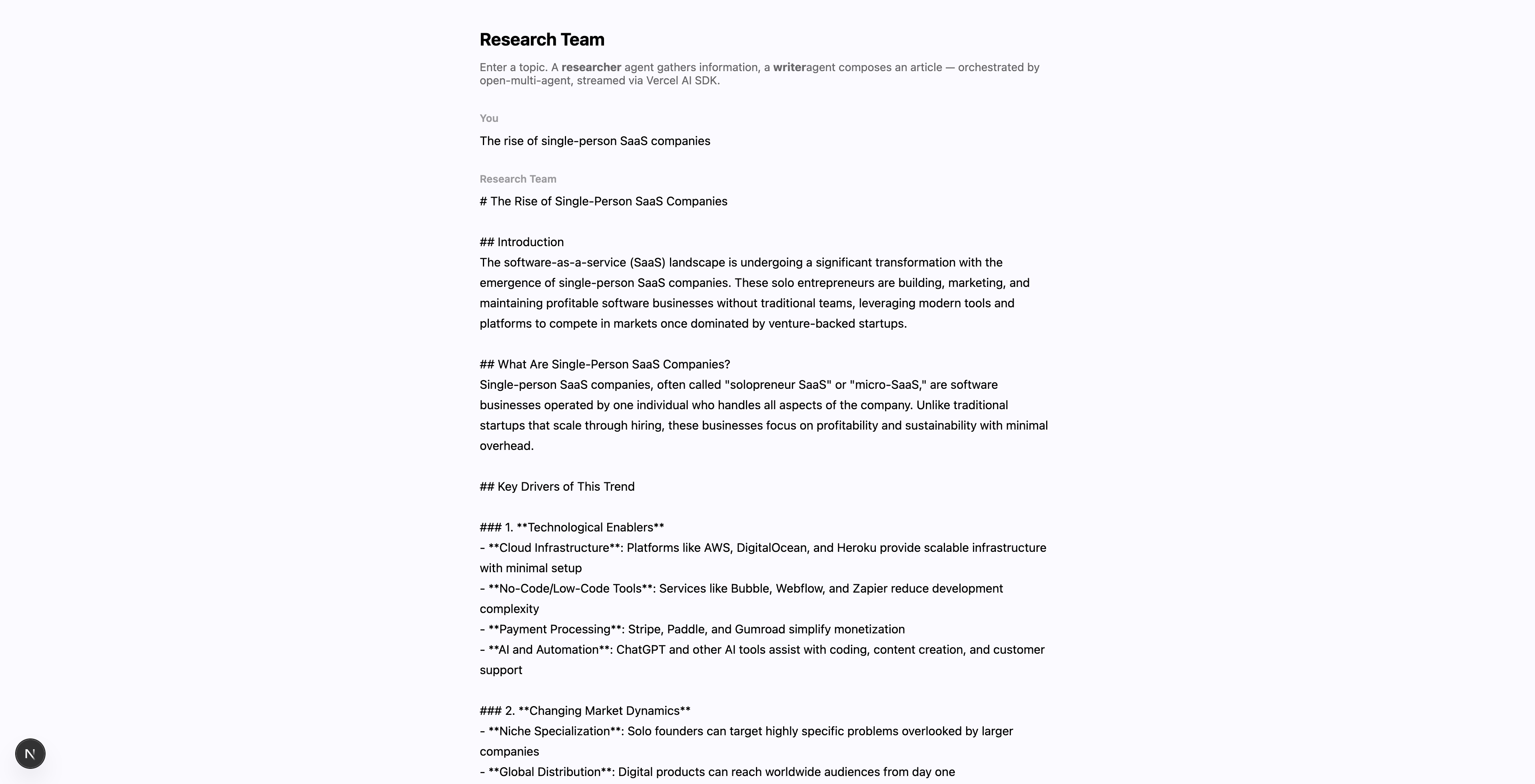 The streamed article output produced by the researcher and writer agents — its title, introduction, and opening sections