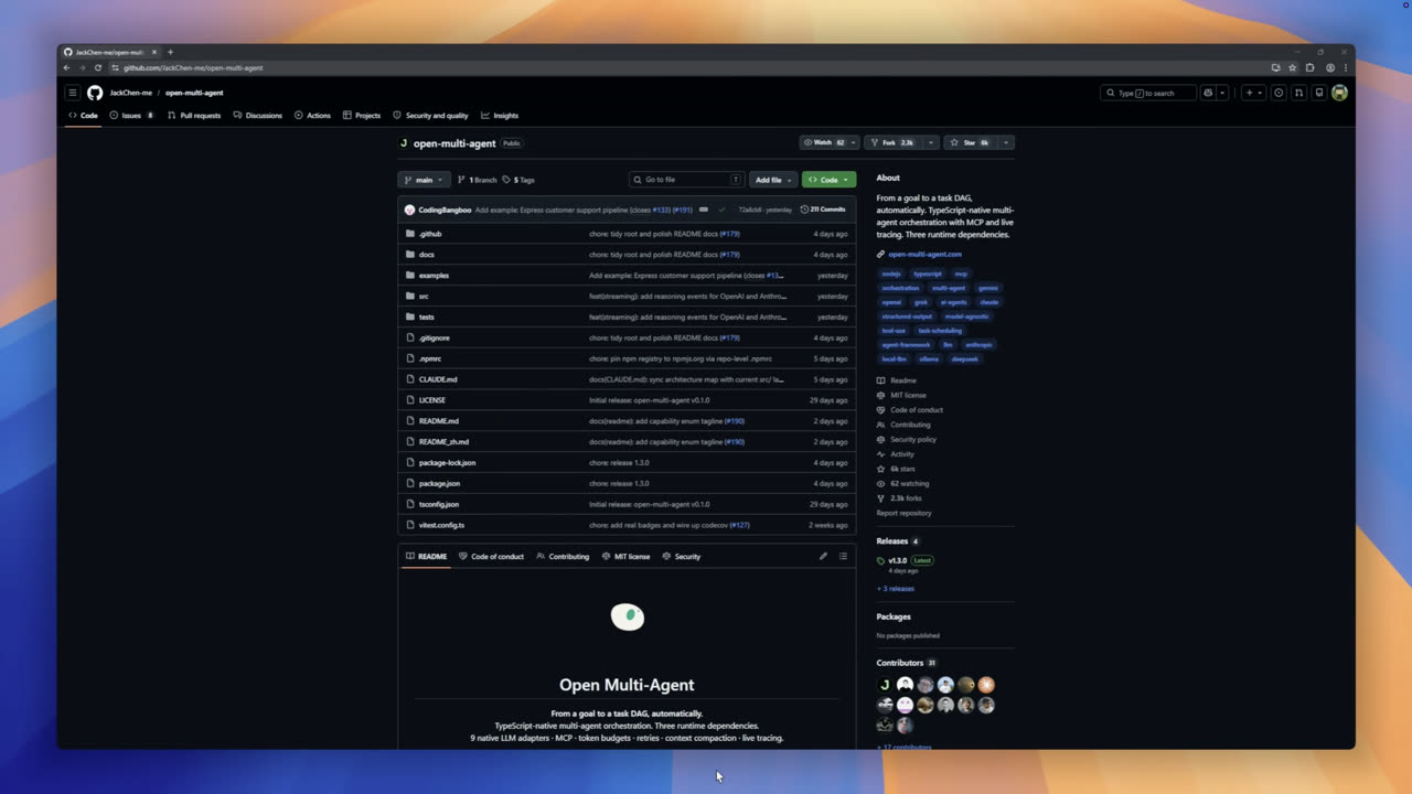 在 YouTube 观看——GithubAwesome 的 GitHub Trending Monthly #6，画面停在 open-multi-agent 的 GitHub 仓库（6k stars）。